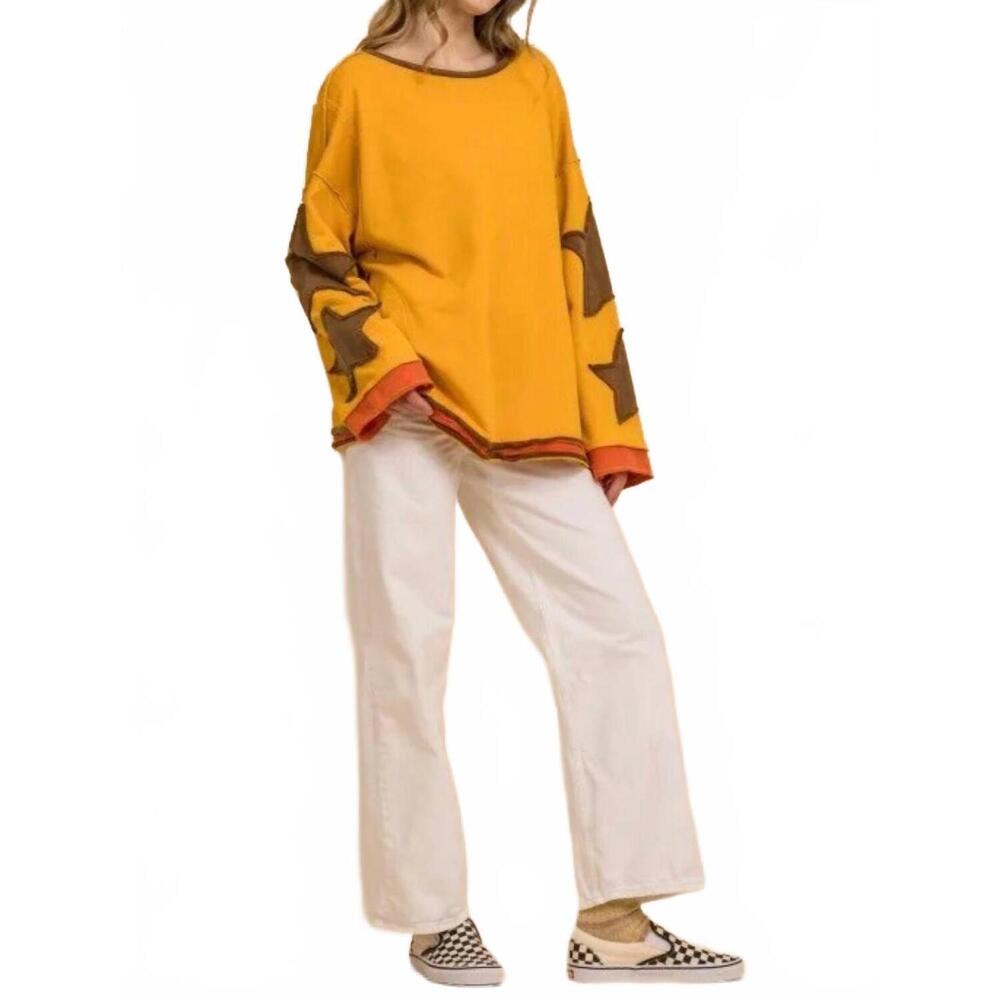 NEW BLUE VELVET star patched long sleeve pullover with side pockets in mustard